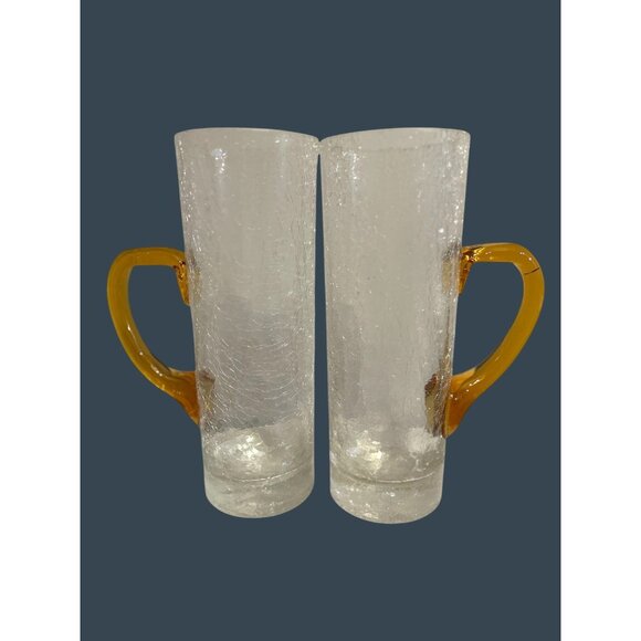 Vintage Crackle Glass Tumbler Pair With Amber Handles - Picture 1 of 3